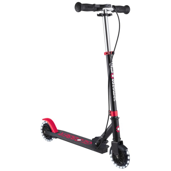 Black and red Globber kick scooter with light-up wheels
