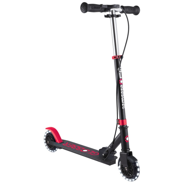 Black and red Globber kick scooter with light-up wheels