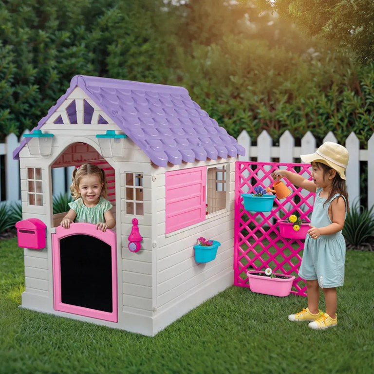 lifespan kids garden playhouse with pink fence Children playing with backyard cubby house and flowers