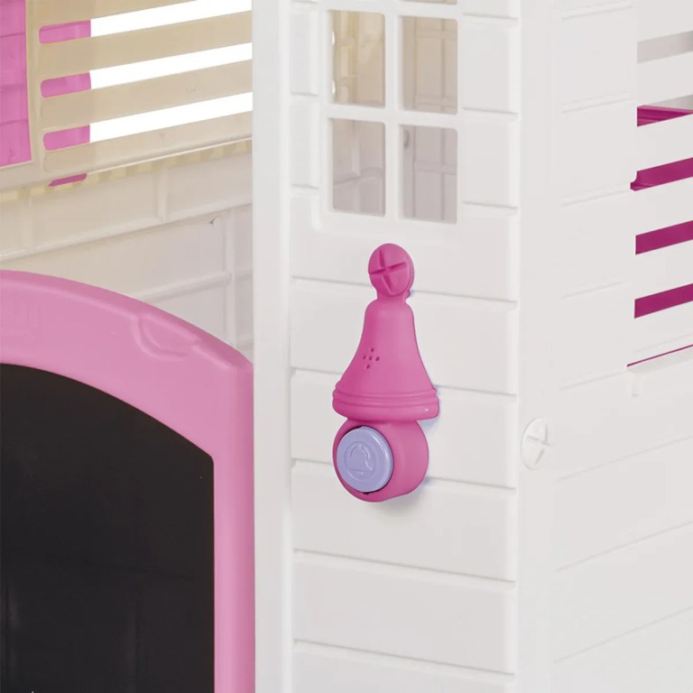 lifespan kids garden playhouse with pink fence Pink doorbell on white children’s playhouse wall