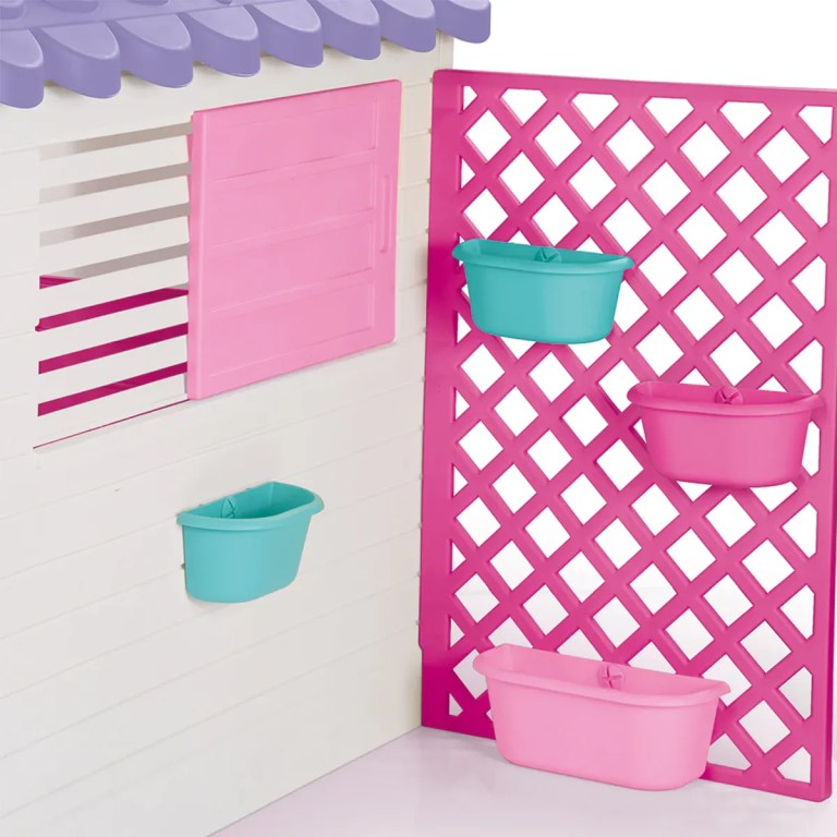 lifespan kids garden playhouse with pink fence Colourful toy playhouse wall with hanging planter boxes