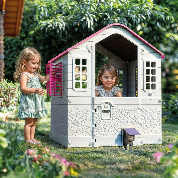 lifespan kids dolu playhouse (pink) Two children playing in backyard cubby house