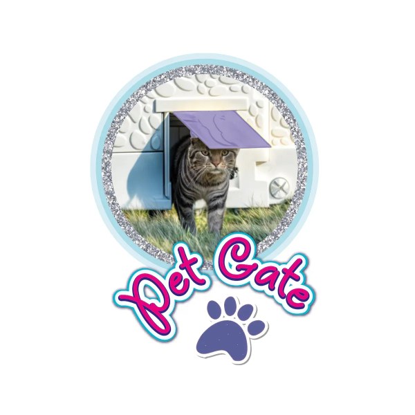 lifespan kids dolu playhouse (pink) Tabby cat exiting pet door with Pet Gate logo