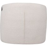 Light beige upholstered cylindrical ottoman with seam detail
