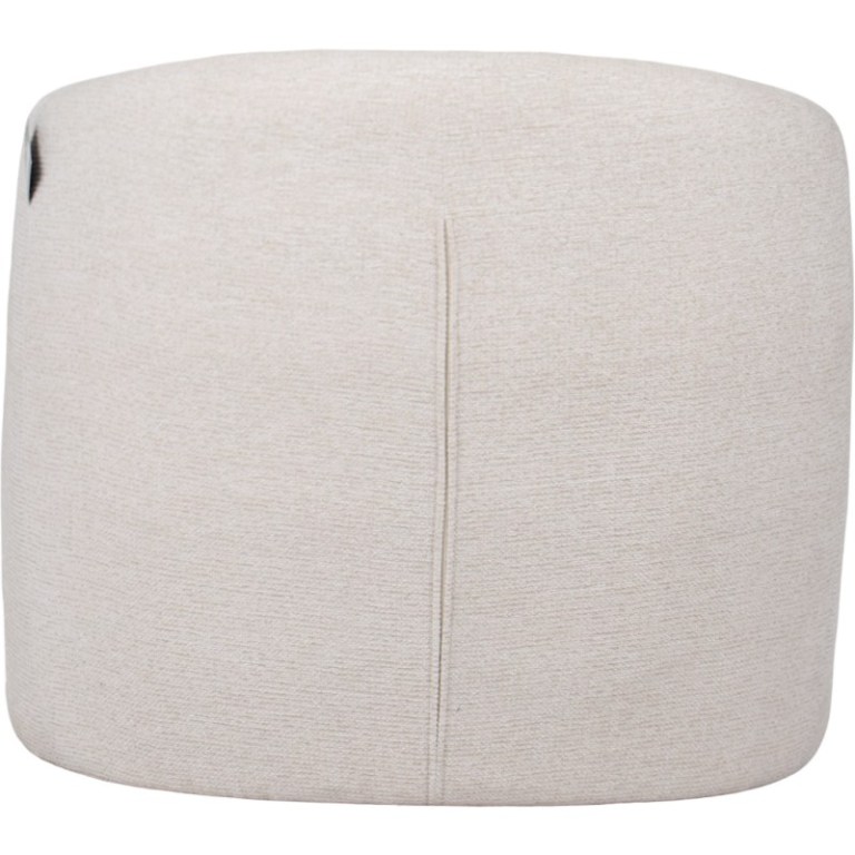 Light beige upholstered cylindrical ottoman with seam detail