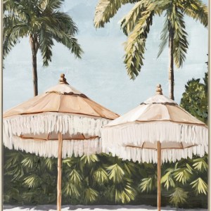 Tropical poolside scene with palm trees and umbrellas