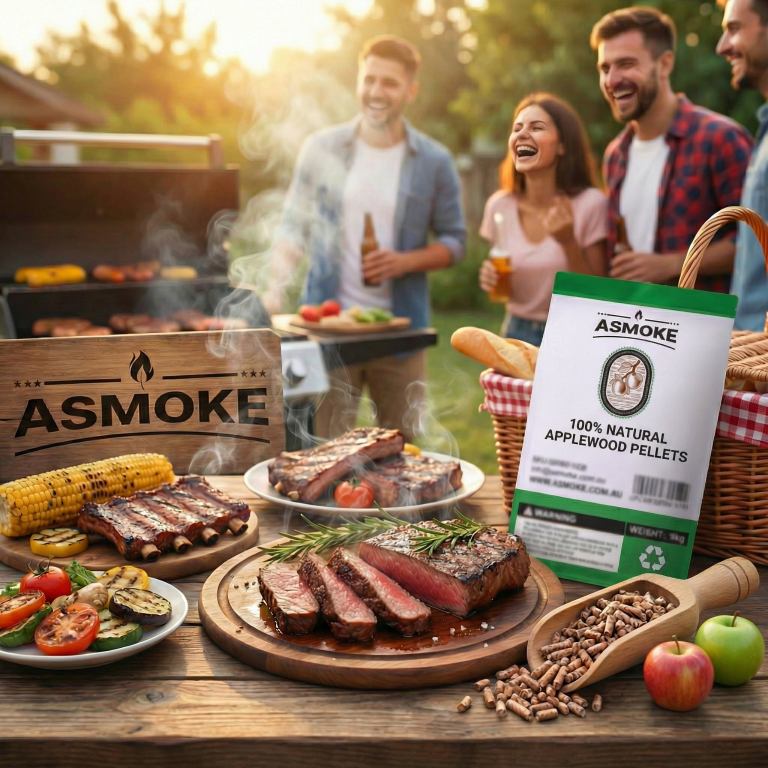 asmoke 20lbs premium apple wood pellets for smoker & grill – natural sweet fruit flavour bbq fuel for chicken, pork & pizza ovens Friends enjoying backyard barbecue with smoked steaks
