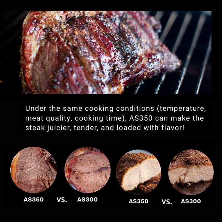 asmoke as350 portable wood pellet grill cyder black Juicy steak on grill with comparison text