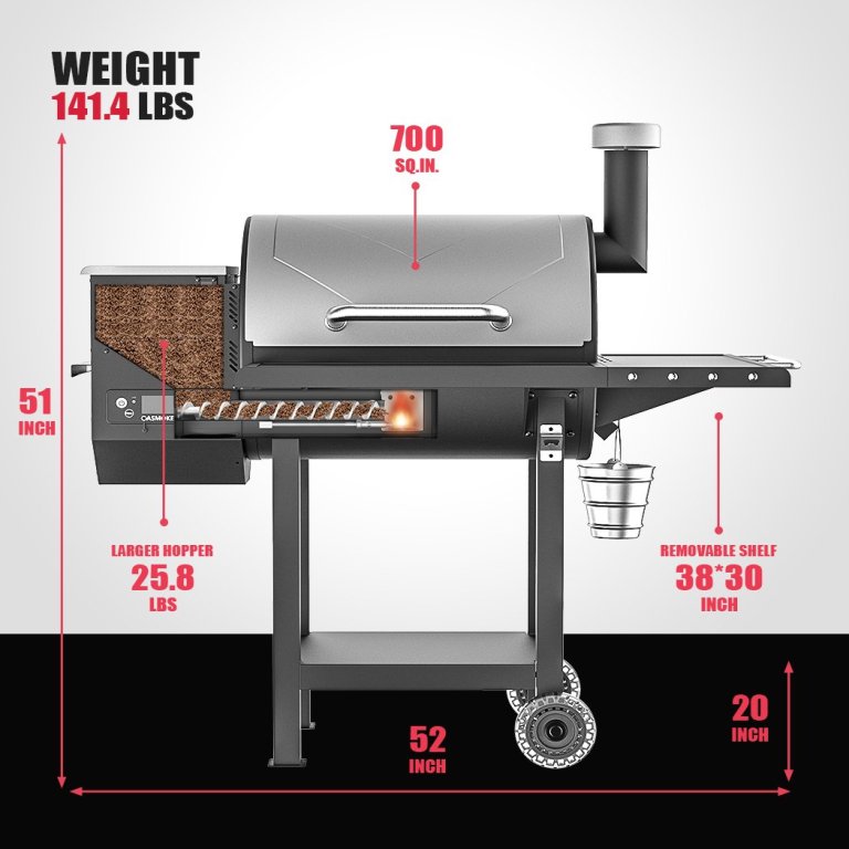 Pellet grill smoker with labelled dimensions and features