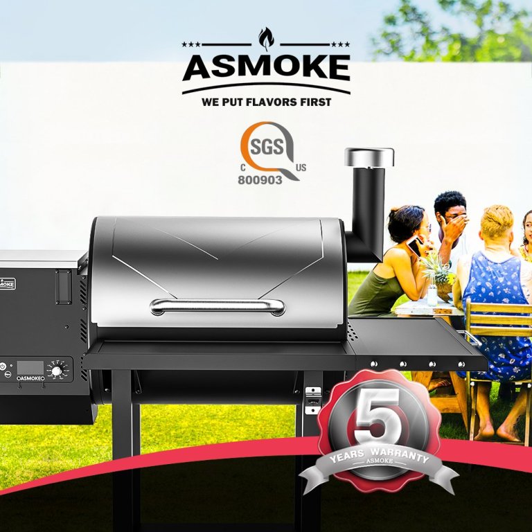 ASMOKE pellet grill with five-year warranty badge