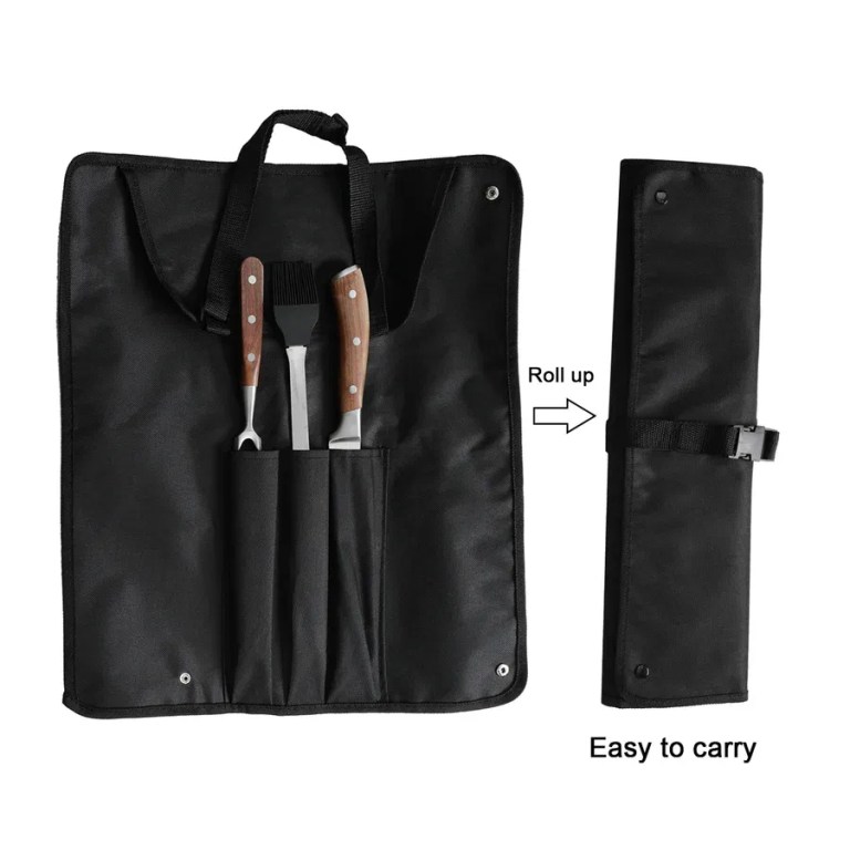 Black roll-up knife bag with BBQ tools