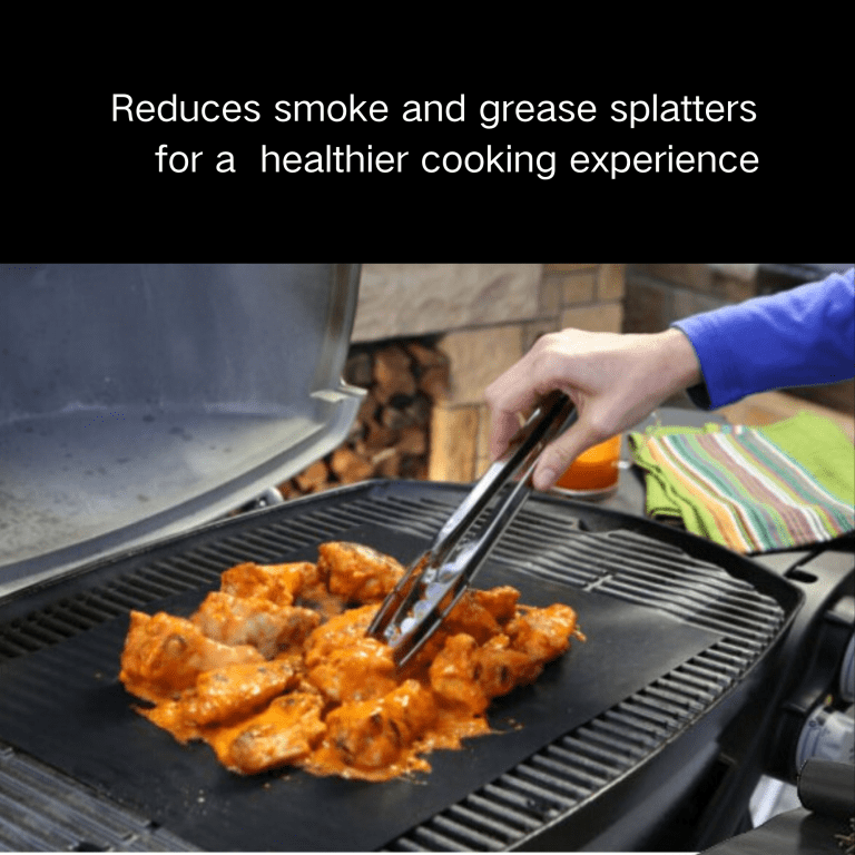 asmoke premium copper & black bbq grill mats (2 pack) non stick ptfe coating, cooking mats| reusable and easy to clean Marinated chicken cooking on barbecue grill plate