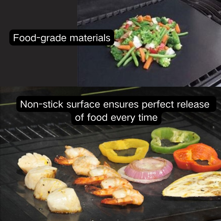 asmoke premium copper & black bbq grill mats (2 pack) non stick ptfe coating, cooking mats| reusable and easy to clean Non-stick grill mat with seafood and vegetables