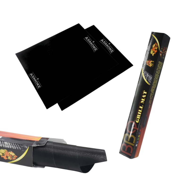 asmoke premium copper & black bbq grill mats (2 pack) non stick ptfe coating, cooking mats| reusable and easy to clean ASmoke BBQ grill mats and packaging