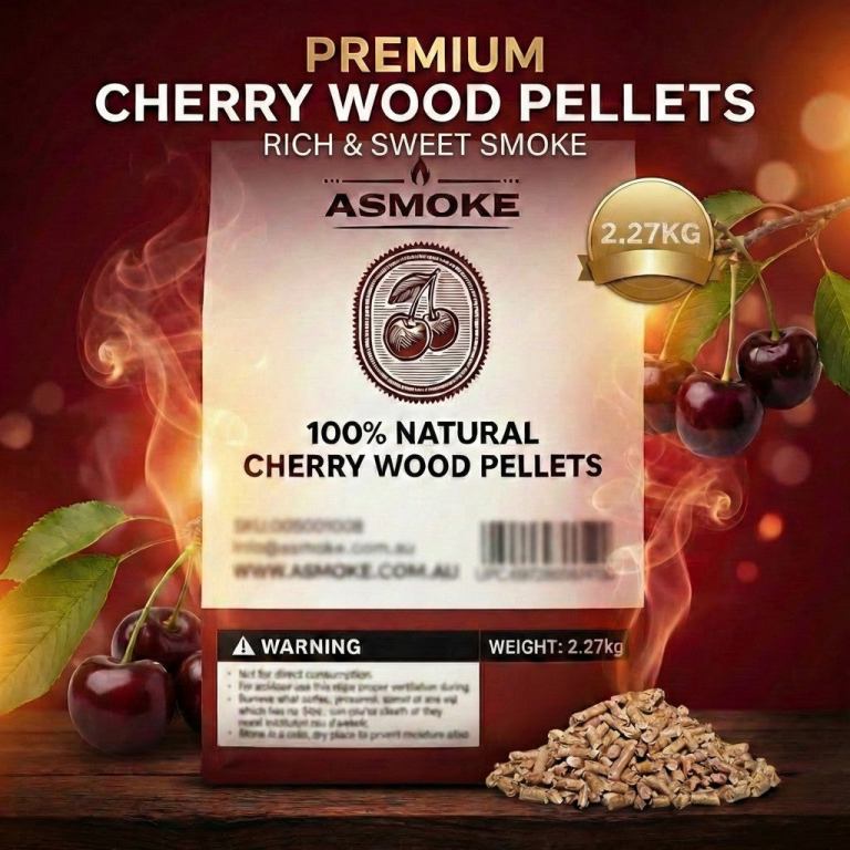 Premium cherry wood pellets bag with cherries