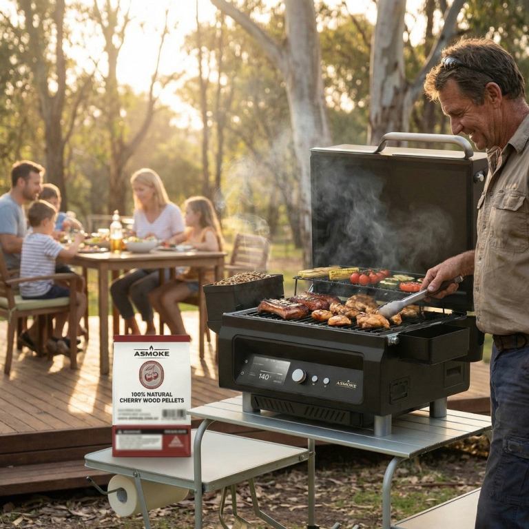 Man grilling barbecue with family outdoors at sunset