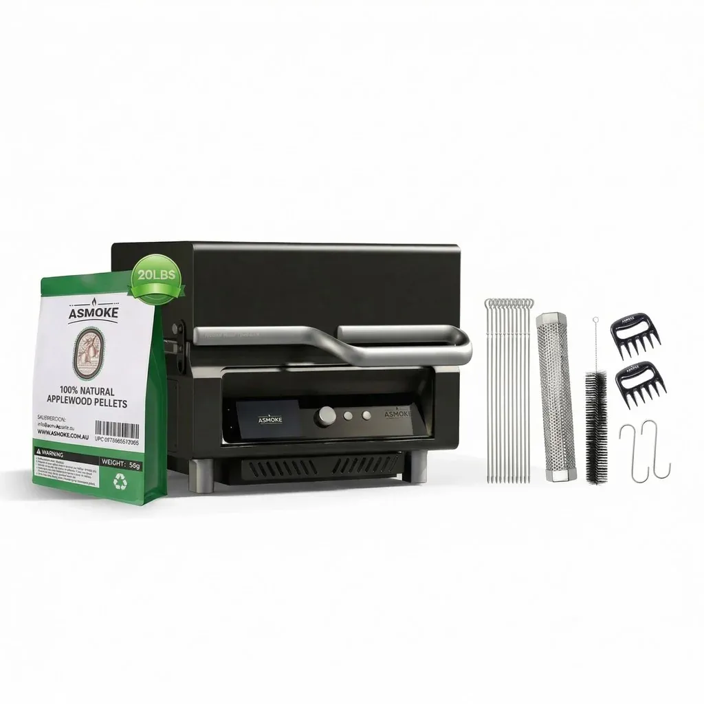 v642 xfas ess grl mclsmtms ap20lb 00.webp ASMOKE tabletop pellet grill with accessories and pellets