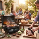 Backyard barbecue with friends and sizzling grill