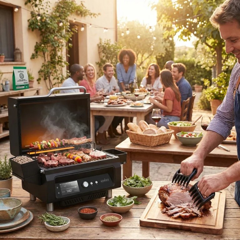 Backyard barbecue with friends and sizzling grill