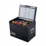 asmoke premium mini fridge | 37l compact refrigerator with roll bond evaporator & internal light for camping, rv & bbq Portable camping fridge filled with drinks and fruit