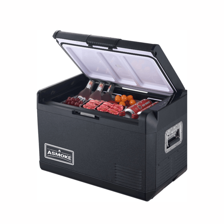 asmoke premium mini fridge | 37l compact refrigerator with roll bond evaporator & internal light for camping, rv & bbq Portable electric cooler with drinks and food inside
