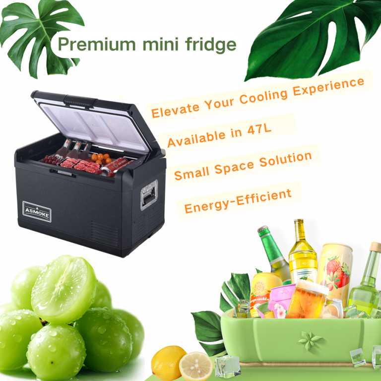 asmoke premium mini fridge | 47l compact refrigerator with roll bond evaporator & internal light for camping, rv & bbq Premium mini fridge with drinks and food displayed