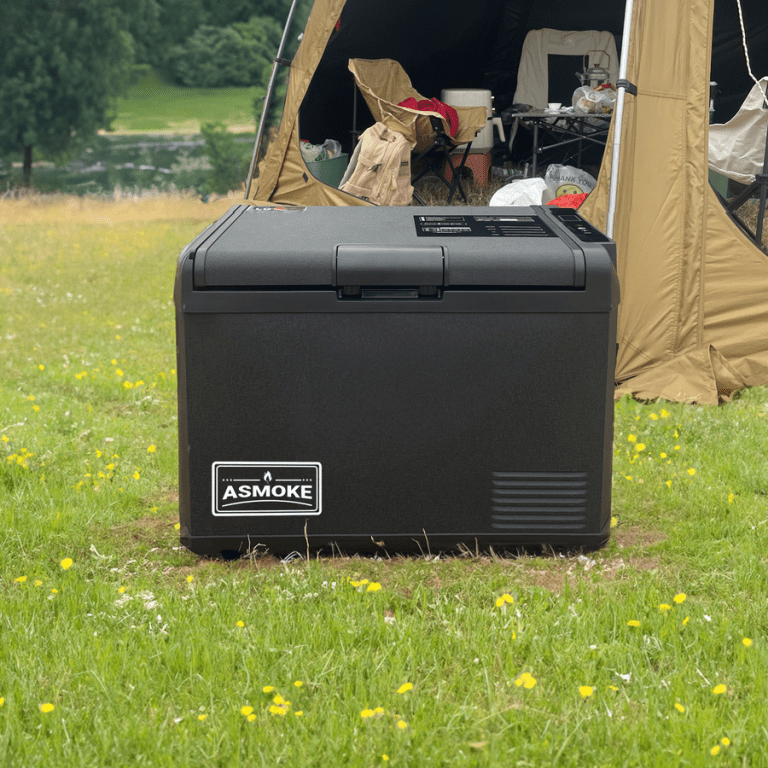 asmoke premium mini fridge | 47l compact refrigerator with roll bond evaporator & internal light for camping, rv & bbq Portable camping fridge outside tent on grass