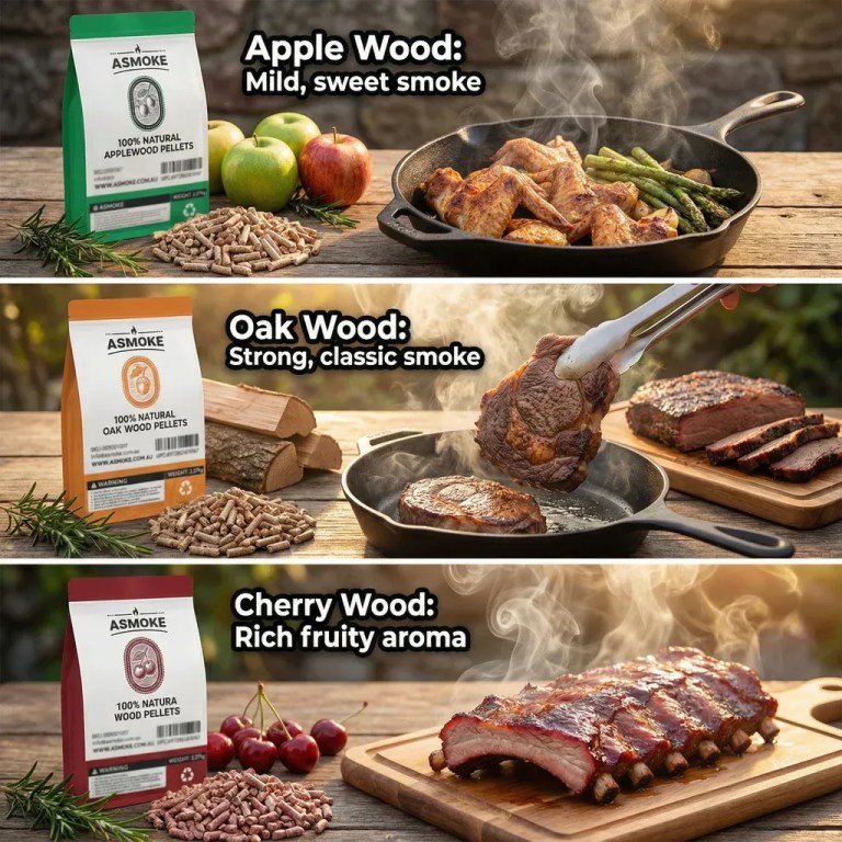 asmoke 4 piece premium wood pellet variety pack apple, cherry & 2xoak (4 x 2.27kg bags) Wood pellet flavours with smoked meats display