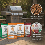 asmoke 4 piece premium wood pellet variety pack apple, cherry & 2xoak (4 x 2.27kg bags) ASmoke natural wood pellets beside backyard barbecue grill