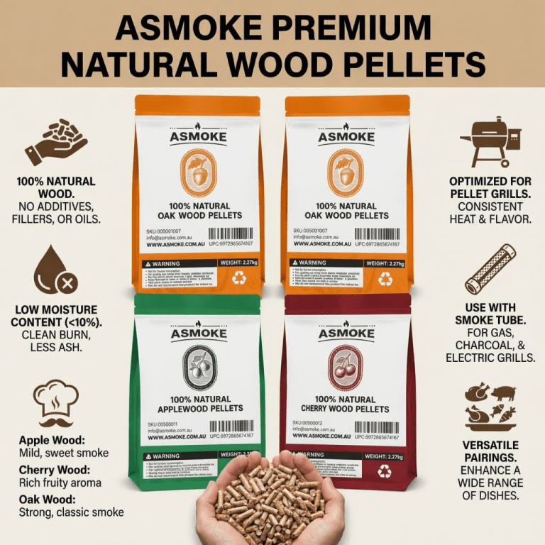 asmoke 4 piece premium wood pellet variety pack apple, cherry & 2xoak (4 x 2.27kg bags) AsmoKe natural wood pellets product range display