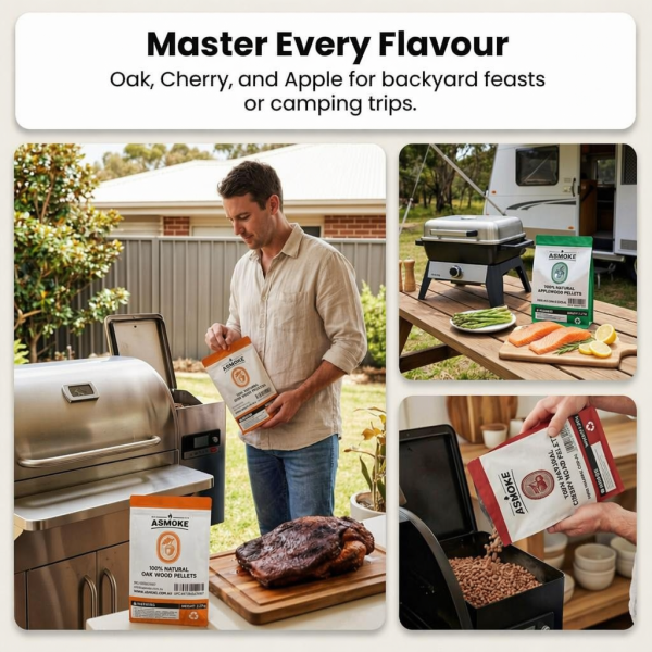 asmoke 4 piece premium wood pellet variety pack apple, cherry & 2xoak (4 x 2.27kg bags) Man using pellet grill with flavoured wood pellets