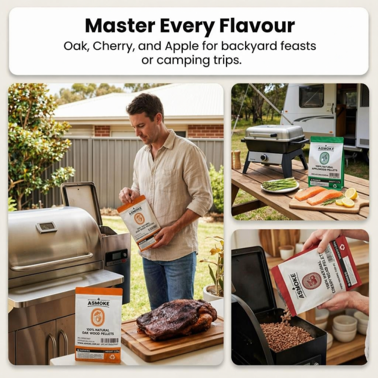 asmoke 4 piece premium wood pellet variety pack apple, cherry & 2xoak (4 x 2.27kg bags) Man using pellet grill with flavoured wood pellets
