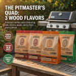 Wood pellet bags beside outdoor barbecue grill