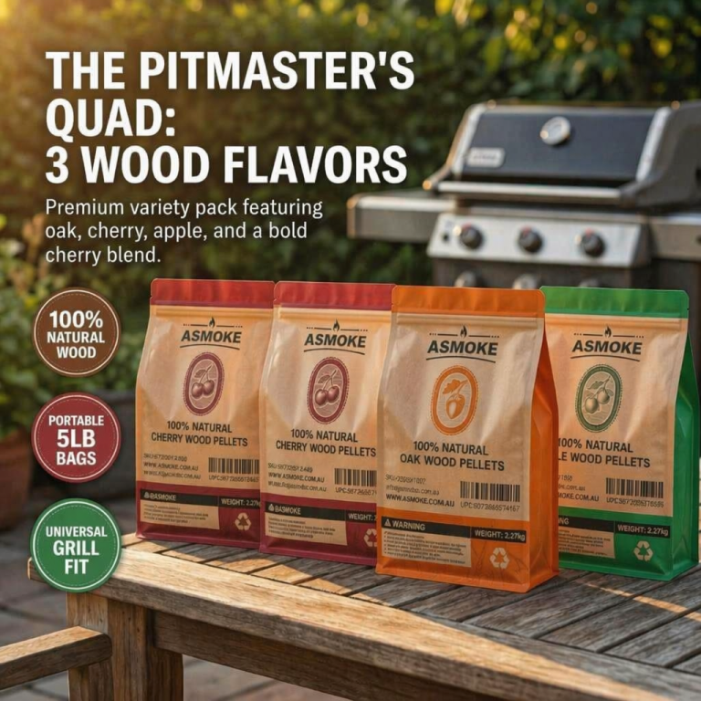 Wood pellet bags beside outdoor barbecue grill