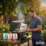 Man adding wood pellets to backyard barbecue grill