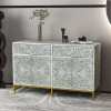 Ornate inlay sideboard with decor and gold legs