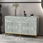 mother of pearl hand made swish sideboard Ornate inlay sideboard with decor and gold legs