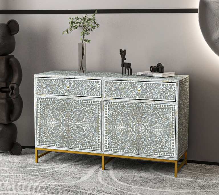 mother of pearl hand made swish sideboard Ornate inlay sideboard with decor and gold legs