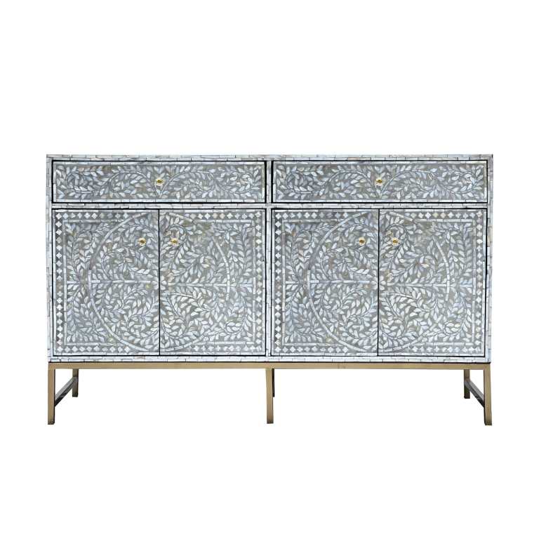 mother of pearl hand made swish sideboard Ornate floral inlay sideboard on brass legs