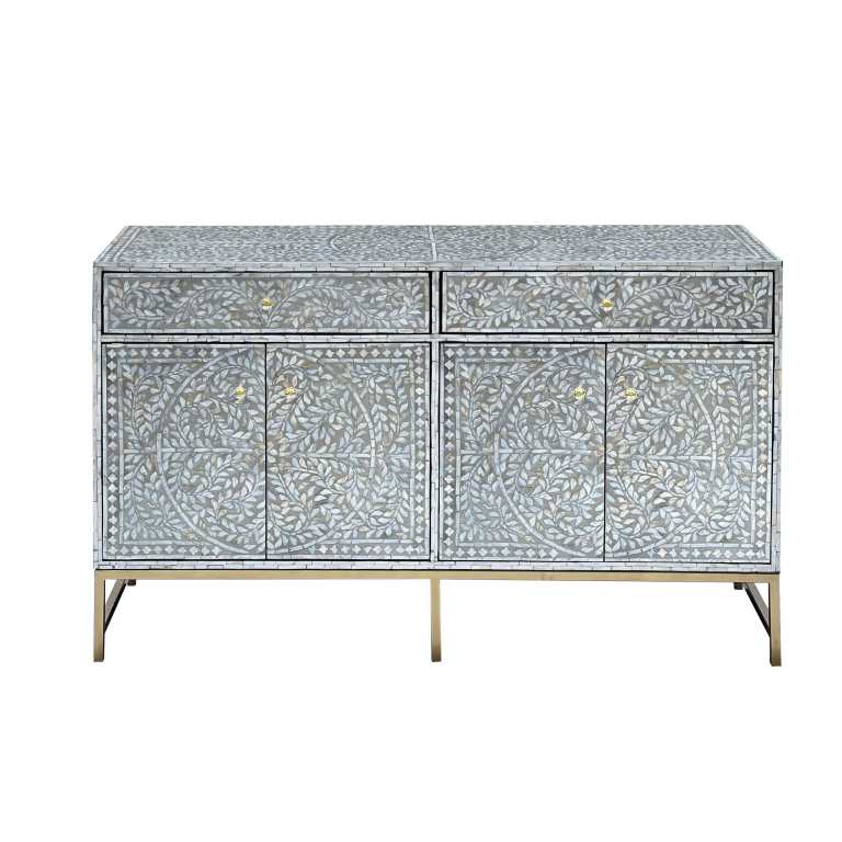 mother of pearl hand made swish sideboard Inlaid floral sideboard with gold metal legs