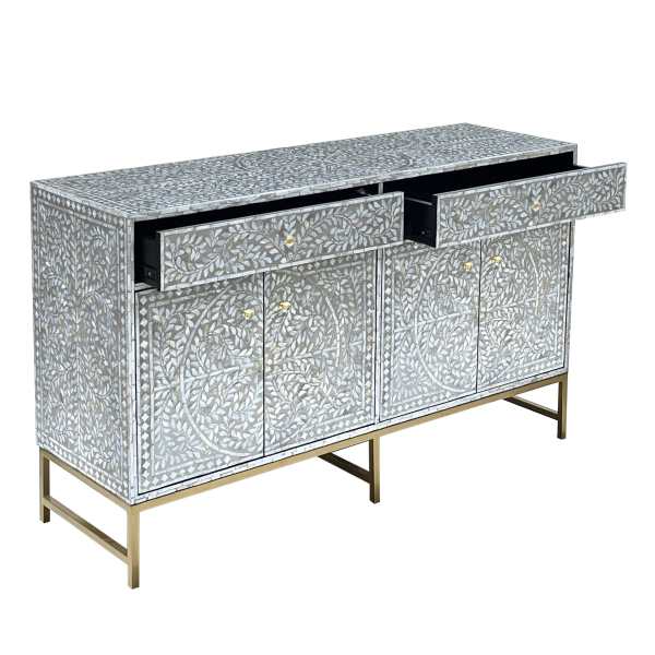 Ornate mother-of-pearl inlay sideboard with brass legs