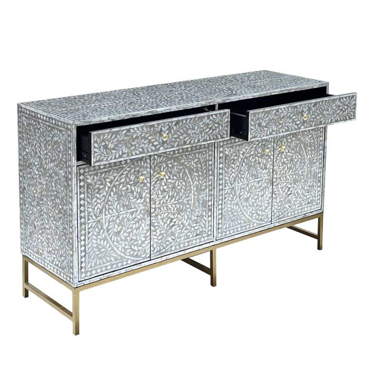 mother of pearl hand made swish sideboard Ornate mother-of-pearl inlay sideboard with brass legs