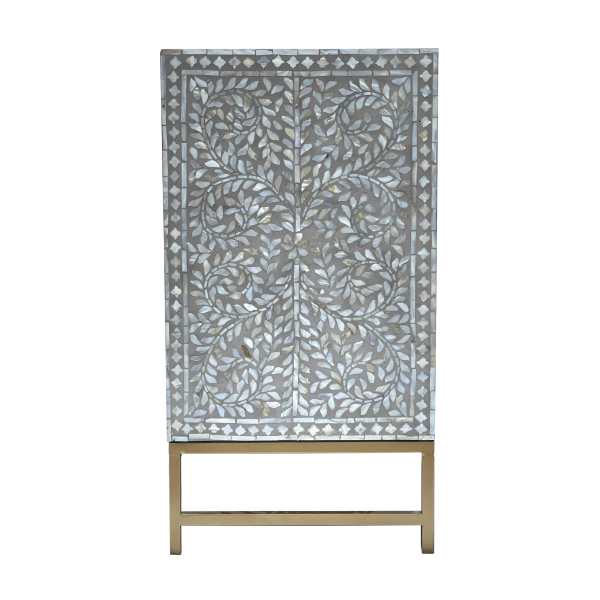 Mother-of-pearl floral inlay cabinet on brass stand