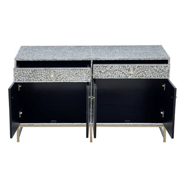 Floral inlay sideboard with drawers and cupboards open