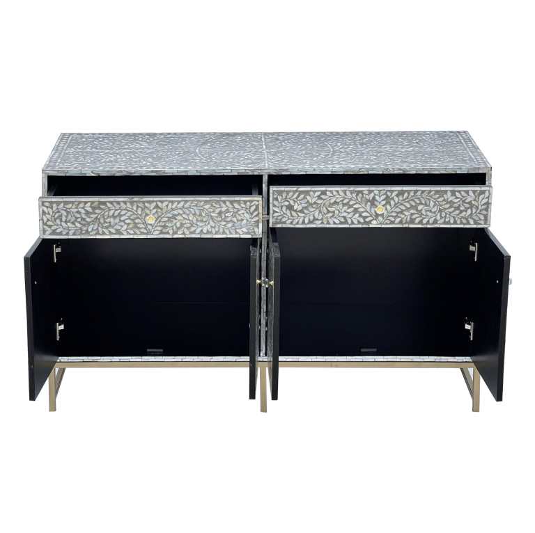 mother of pearl hand made swish sideboard Floral inlay sideboard with drawers and cupboards open