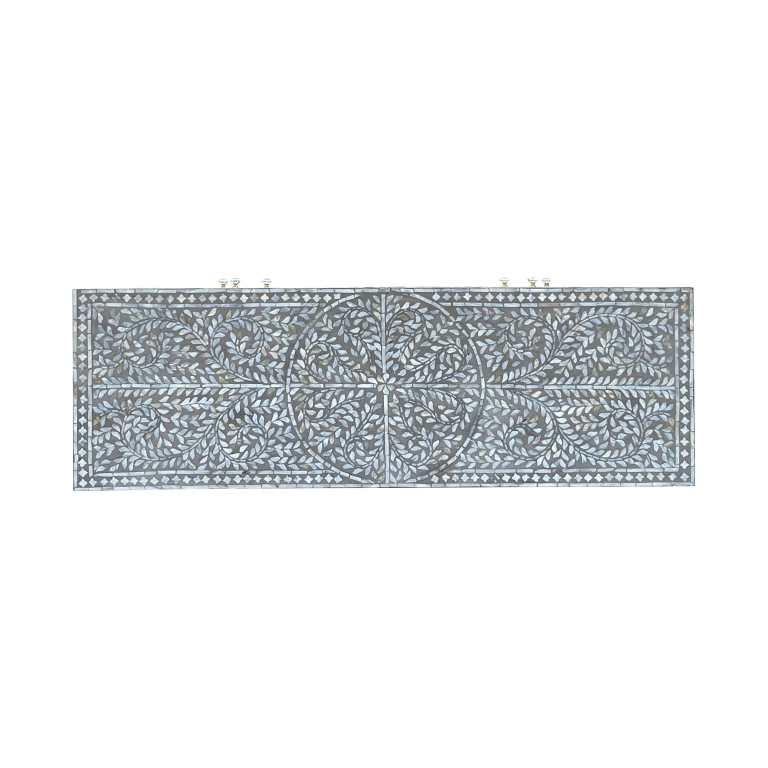mother of pearl hand made swish sideboard Intricate floral inlay panel on dark wood