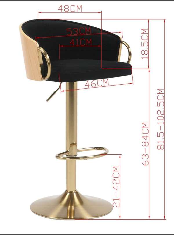 Modern bar stool with dimensions labelled in centimetres