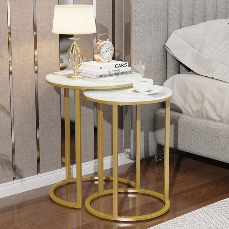 2pcs gold marble nesting side end tables round small stacking drink coffee table Gold nested bedside tables with lamp and clock
