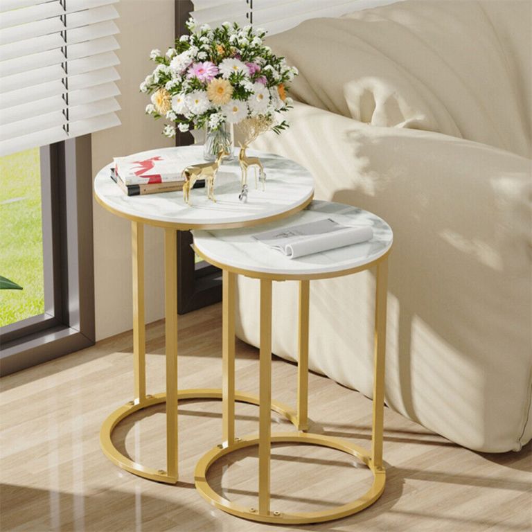 2pcs gold marble nesting side end tables round small stacking drink coffee table Nested marble-look side tables with gold frames