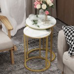 2pcs gold marble nesting side end tables round small stacking drink coffee table Nested marble top side tables with gold frame